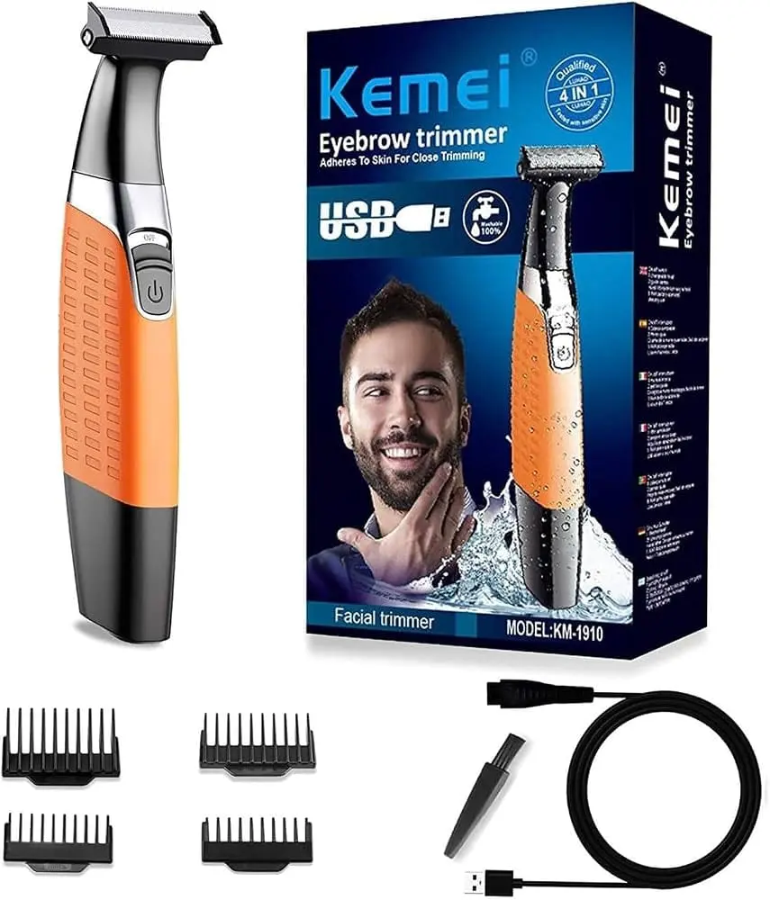 Kemei KM-1910 4-in-1 Facial & Eyebrow Trimmer -Rechargeable USB Hair Removal & Precision Grooming Shaver