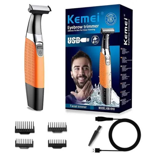 [N...../] Kemei KM-1910 Rechargeable Facial & Beard Trimmer – USB Precision Grooming Trimmer with 4 Guide Combs